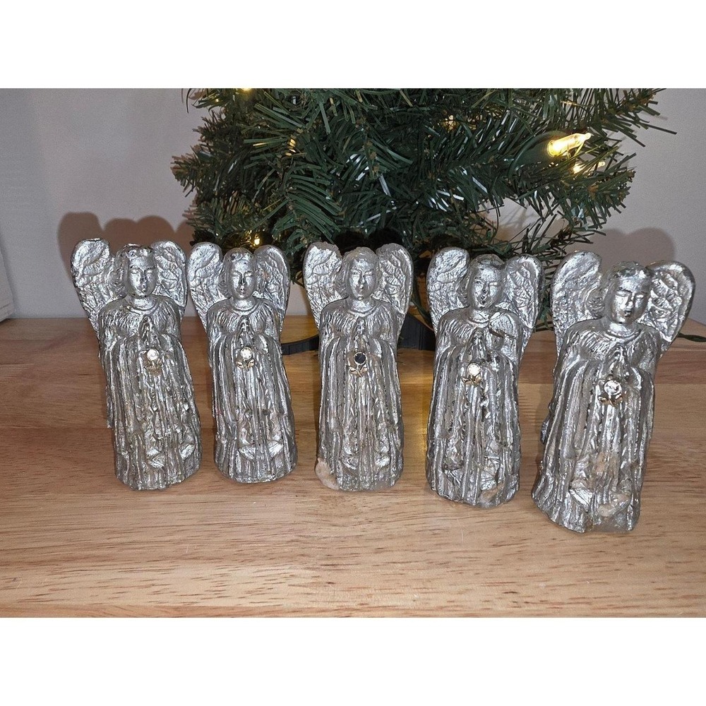 Set of 5 Silver Angel Christmas Figurines vintage wax